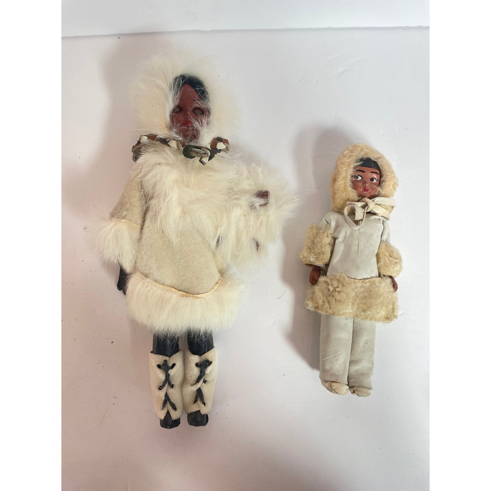 Vintage Inuit Eskimo Doll Pair 11"‎ & 8" Faux Fur Parka Traditional Arctic Decor